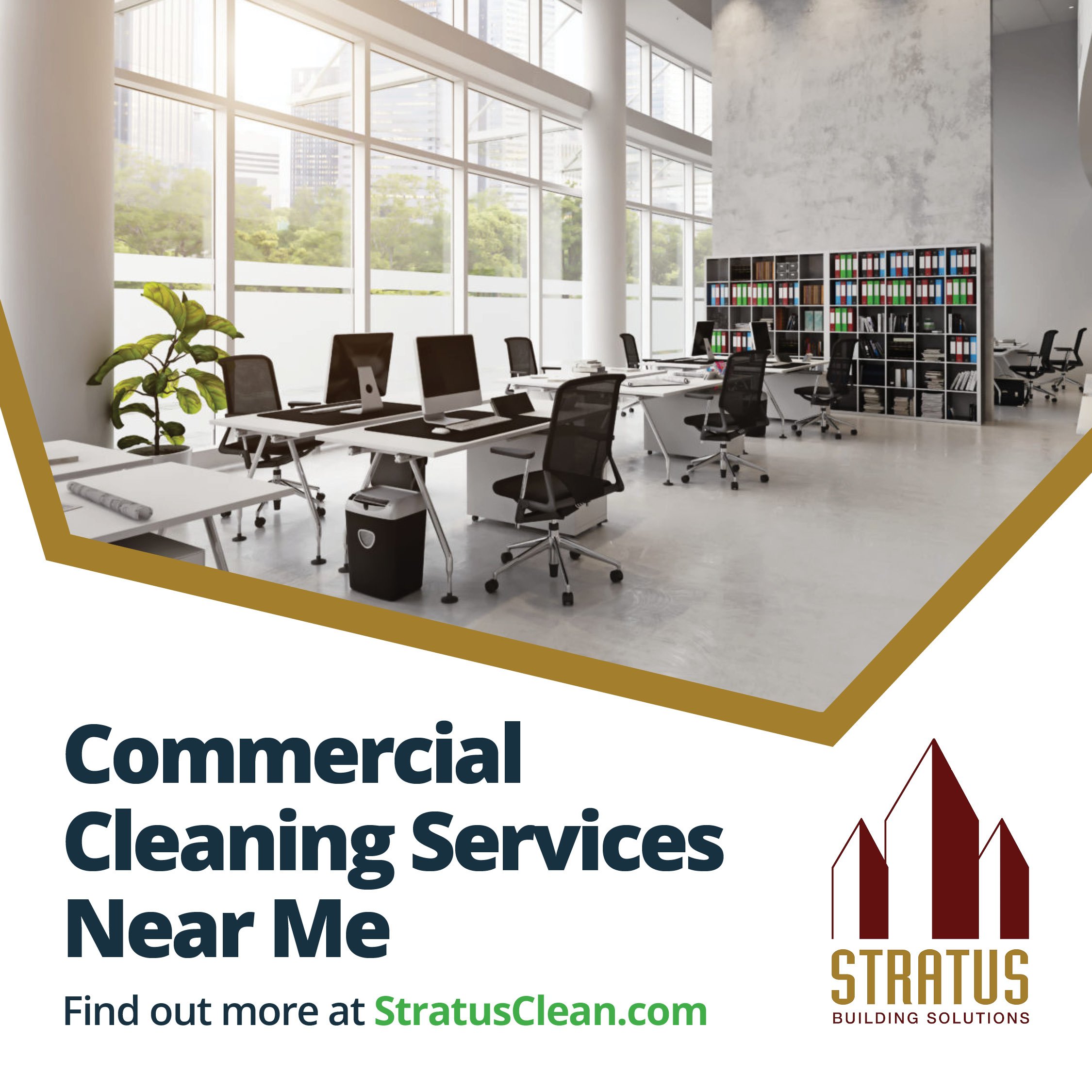 Large Office Building with Open Floor Plan and Clean Windows Looking Outside with the Text "Commercial Cleaning Services Near Me"