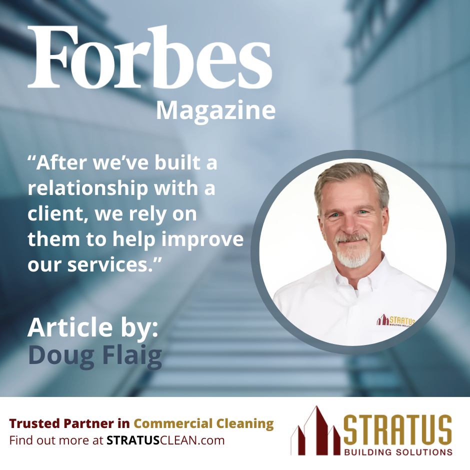 A background image of some buildings with the sky behind them. There's a headshot of CEO Doug Flaig and the text says: "After we’ve built a relationship with a client, we rely on them to help improve our services".
