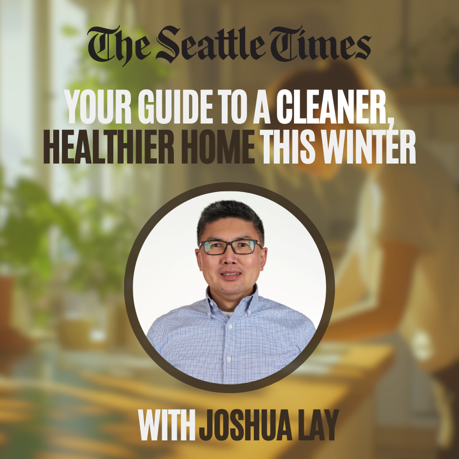 A background image of a cozy house where a woman does some chores, everything is crisp and clean. There's a photo os master franchise owner Joshua Lay and the title says: Your guide to a cleaner, healthier home this winter