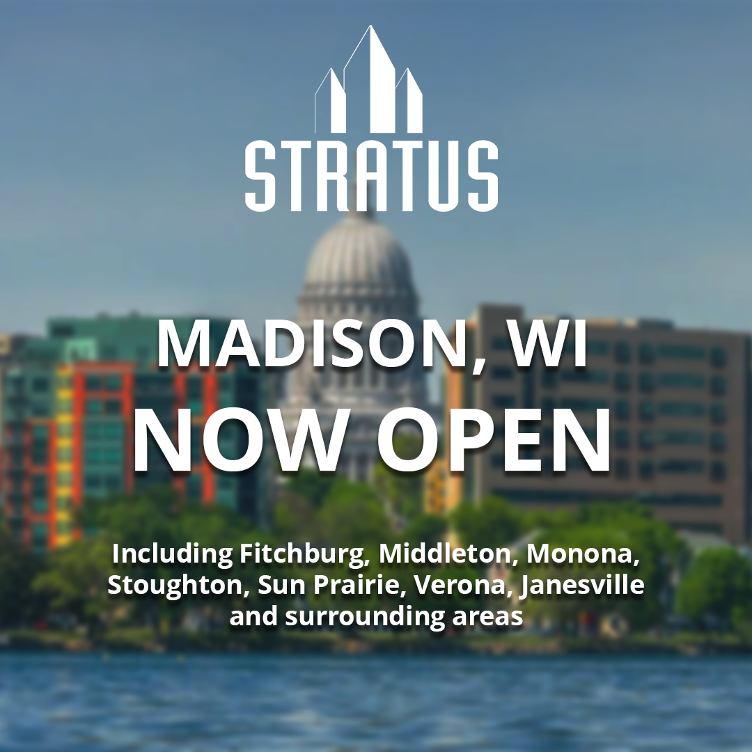 an aerial photo of Madison view, the text says: MADISON, WI NOW OPEN Including Fitchburg, Middleton, Monona, Stoughton, Sun Prairie, Verona, Janesville and surrounding areas