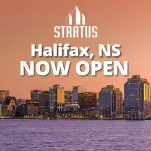 City of Halifax at sunset with Stratus logo and white text